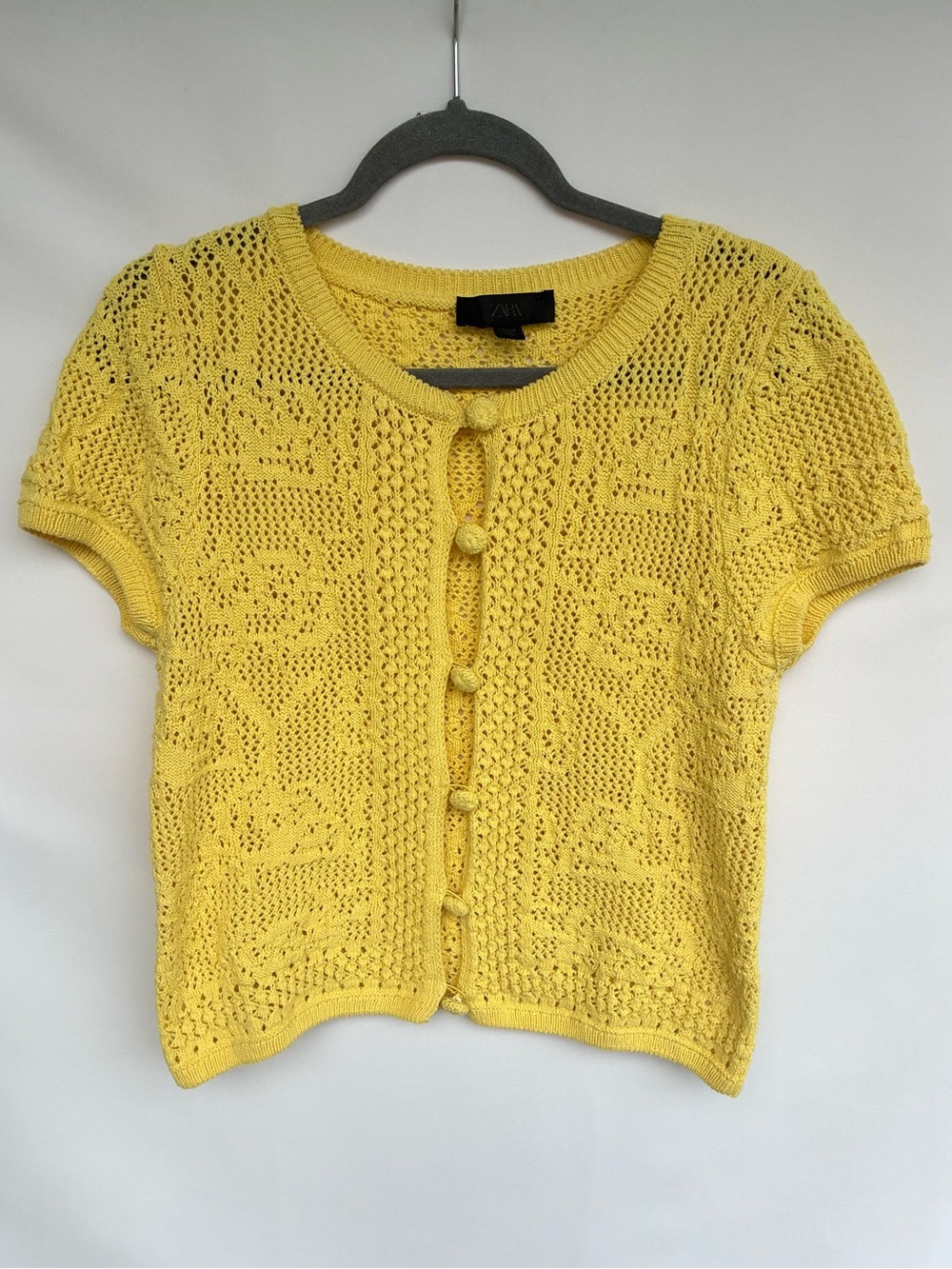 Zara Yellow Crochet Knit Button Front Short Sleeve Top Medium
